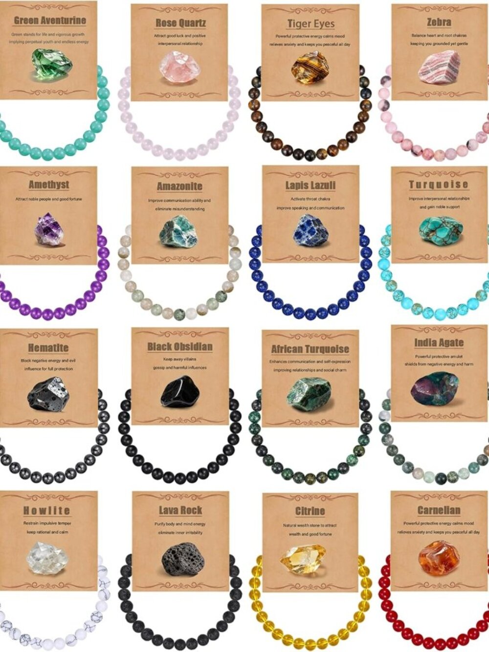 16Pcs 6mm Natural Stone Healing Crystal Beaded Bracelets for Women - Boho Style